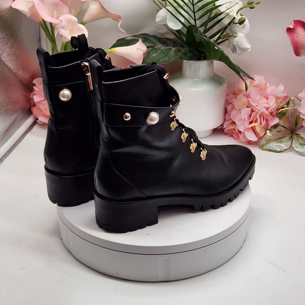 Karl Lagerfeld Lace-up Combat Boots Gold & Pearl Studded Sz 9.5M - Picture 8 of 15